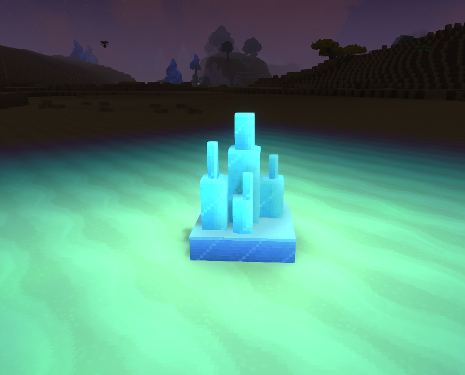 Custom crystal block placed in the world, emitting a soft blue glow
