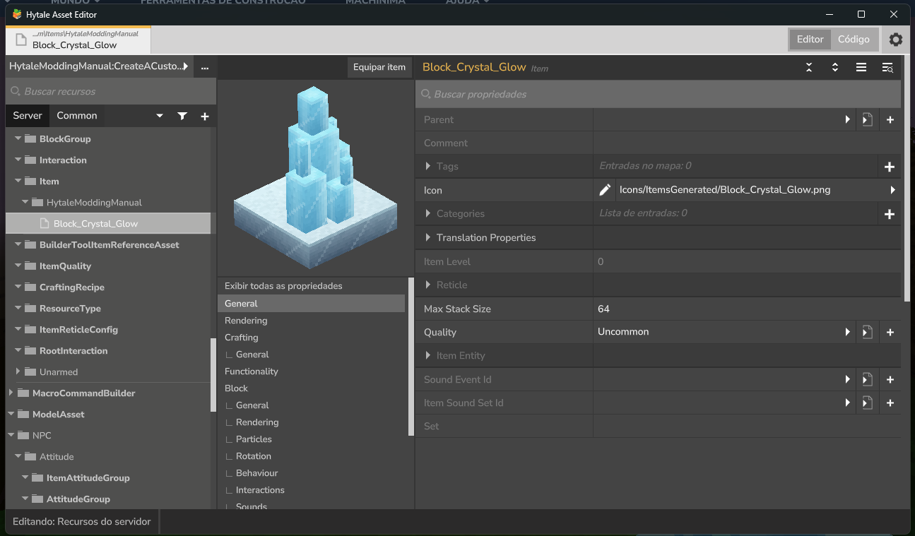 Hytale Resource Editor showing the Ore_Crystal_Glow item with its auto-generated icon and properties panel