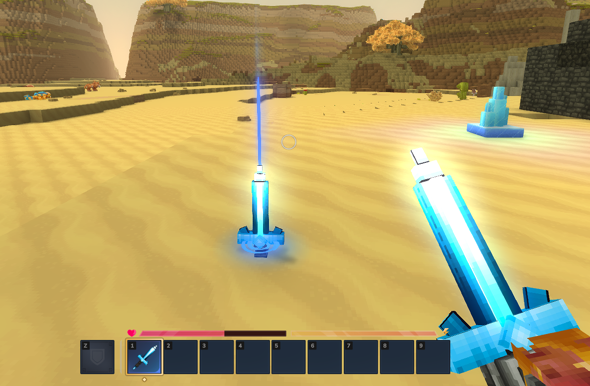 Crystal Sword in game — glowing crystal blade held by the player