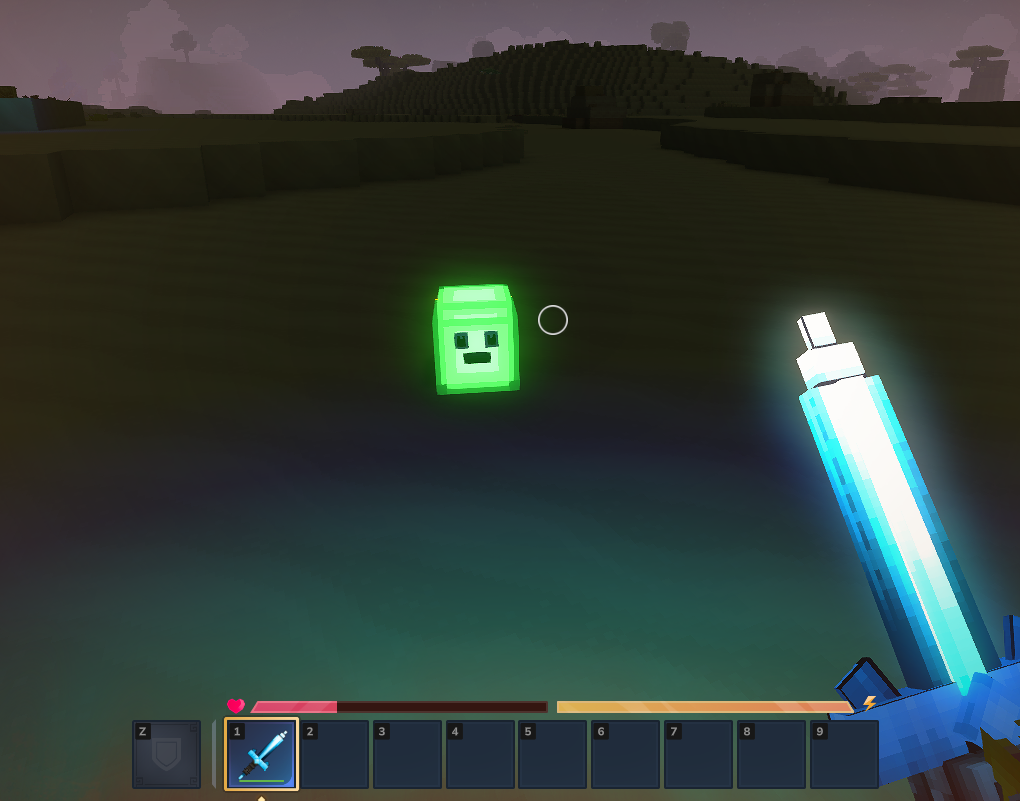 Slime spawned in-game at night, glowing green with the Crystal Sword equipped