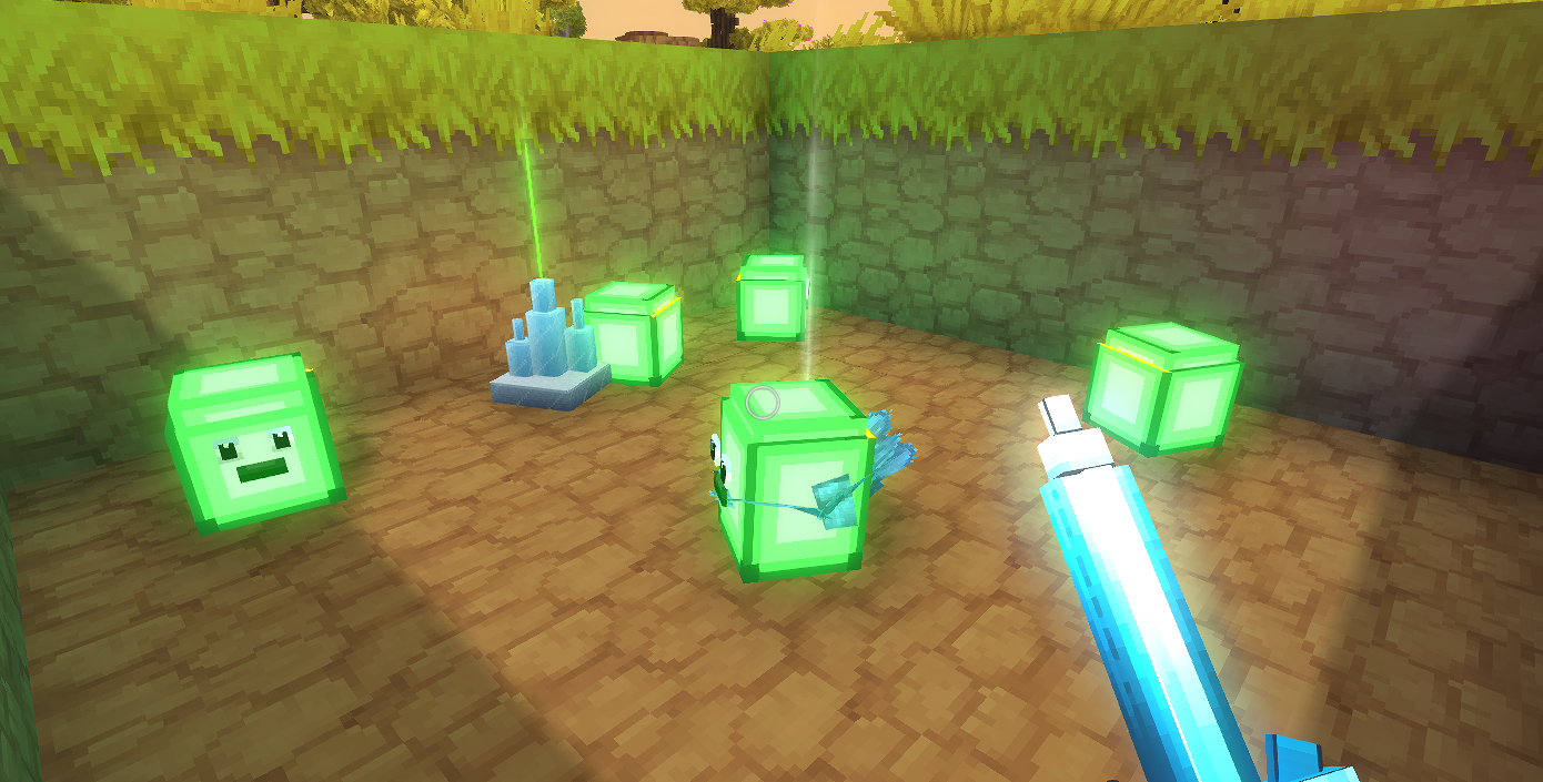 Slime drops in-game — Enchanted Fruit and Crystal Glow blocks on the ground after killing multiple Slimes