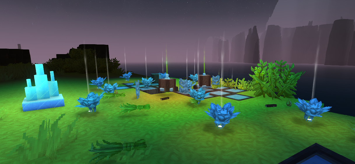 Enchanted Tree drops after being chopped — crystal blocks, Light Shards, trunk pieces, and moss scattered on the ground