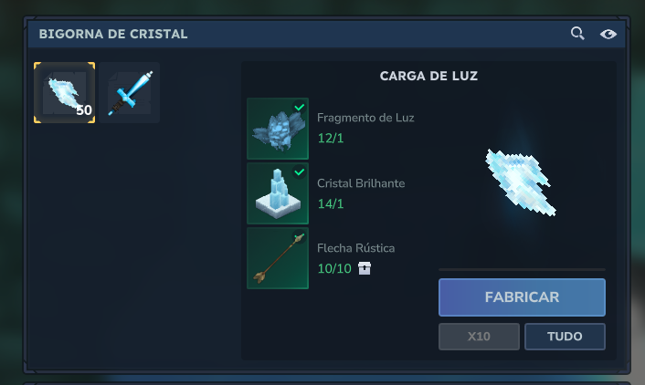 Crystal Anvil bench UI showing the Light Charge recipe — 1 Enchanted Fruit + 1 Crystal Glow + 10 Crude Arrows = 50 Light Charges